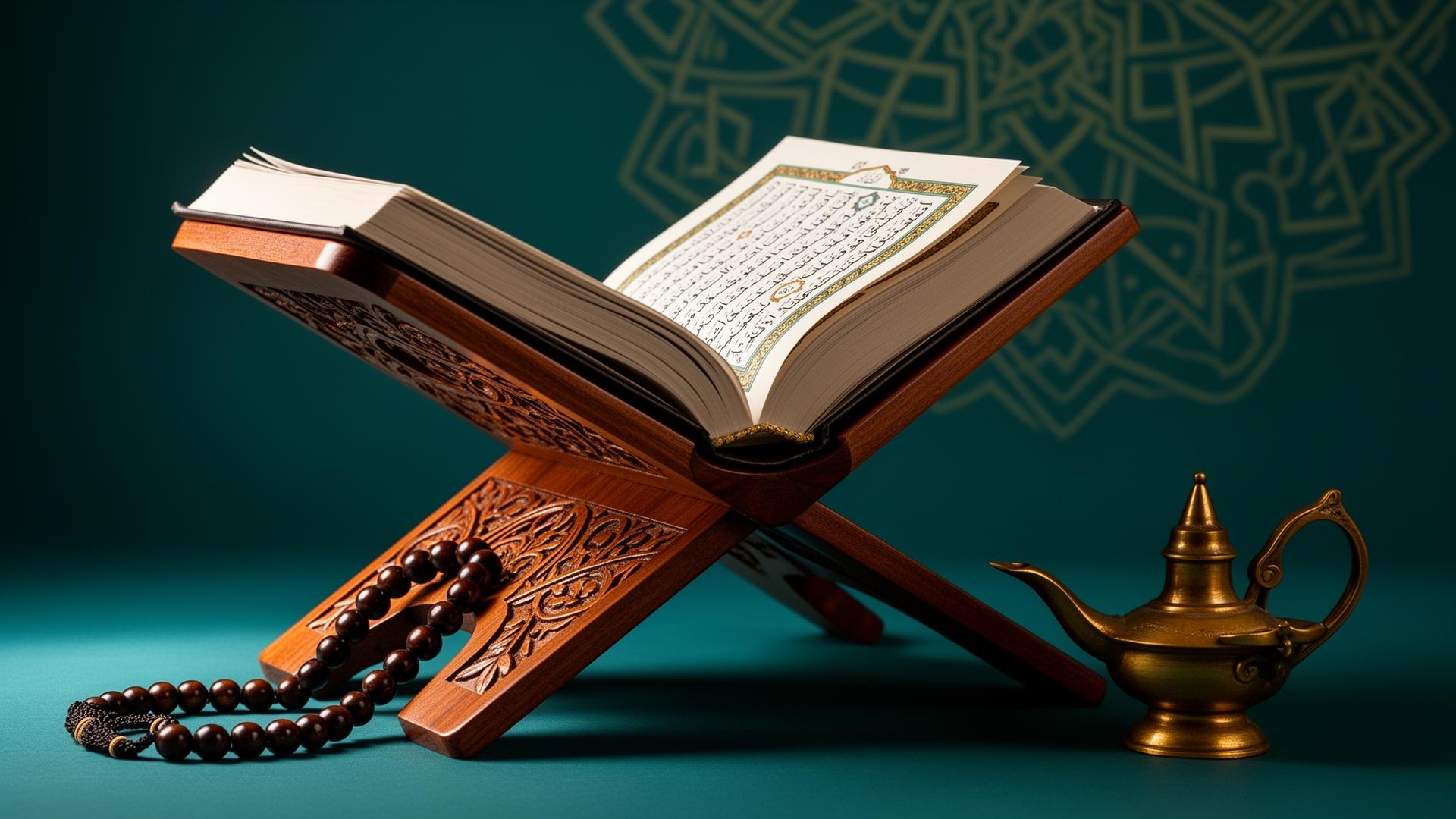 Open Holy Quran on an ornate rehal stand